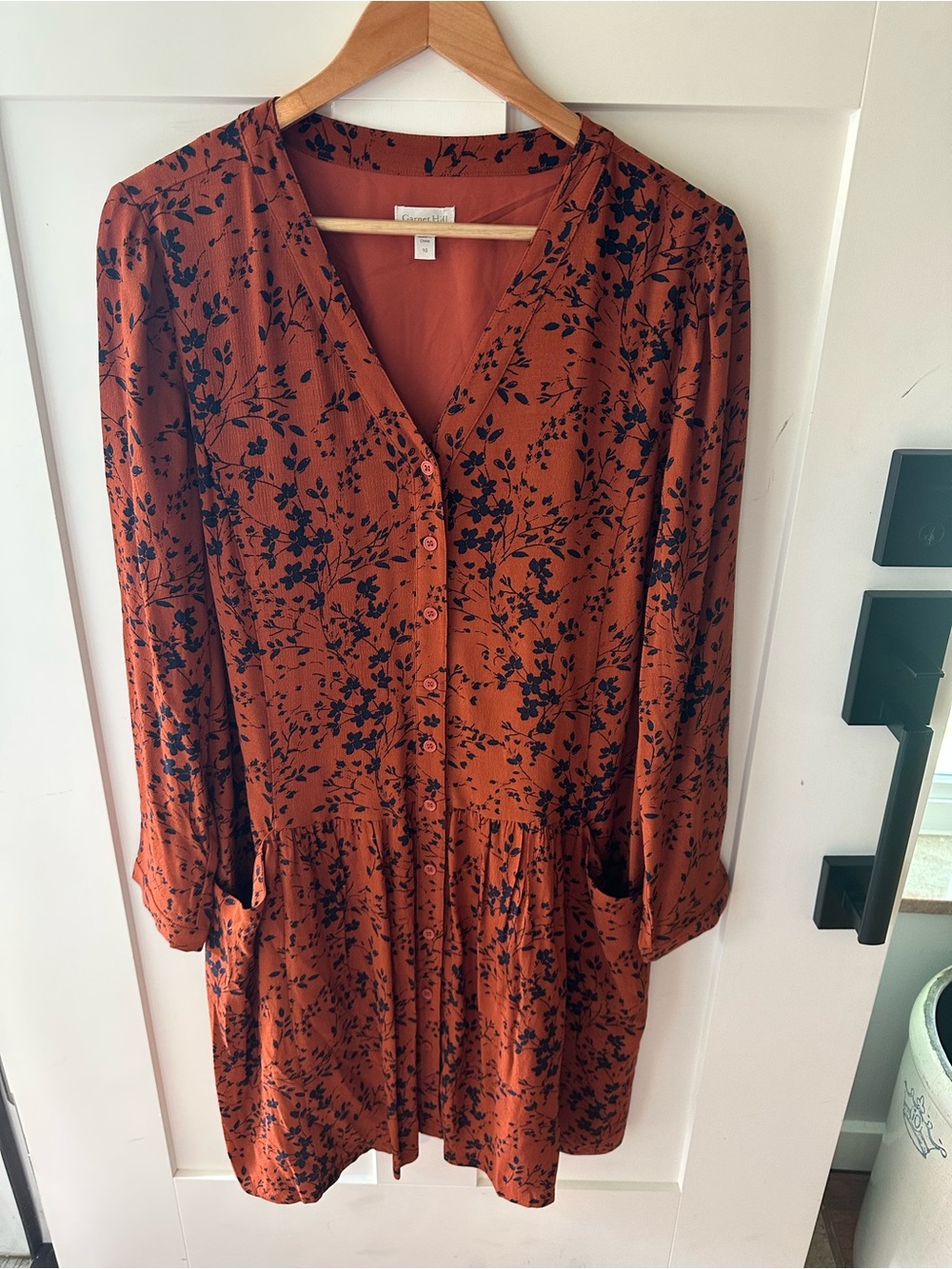 Garnet Hill Rust Floral Button-Front Long-Sleeve Dress